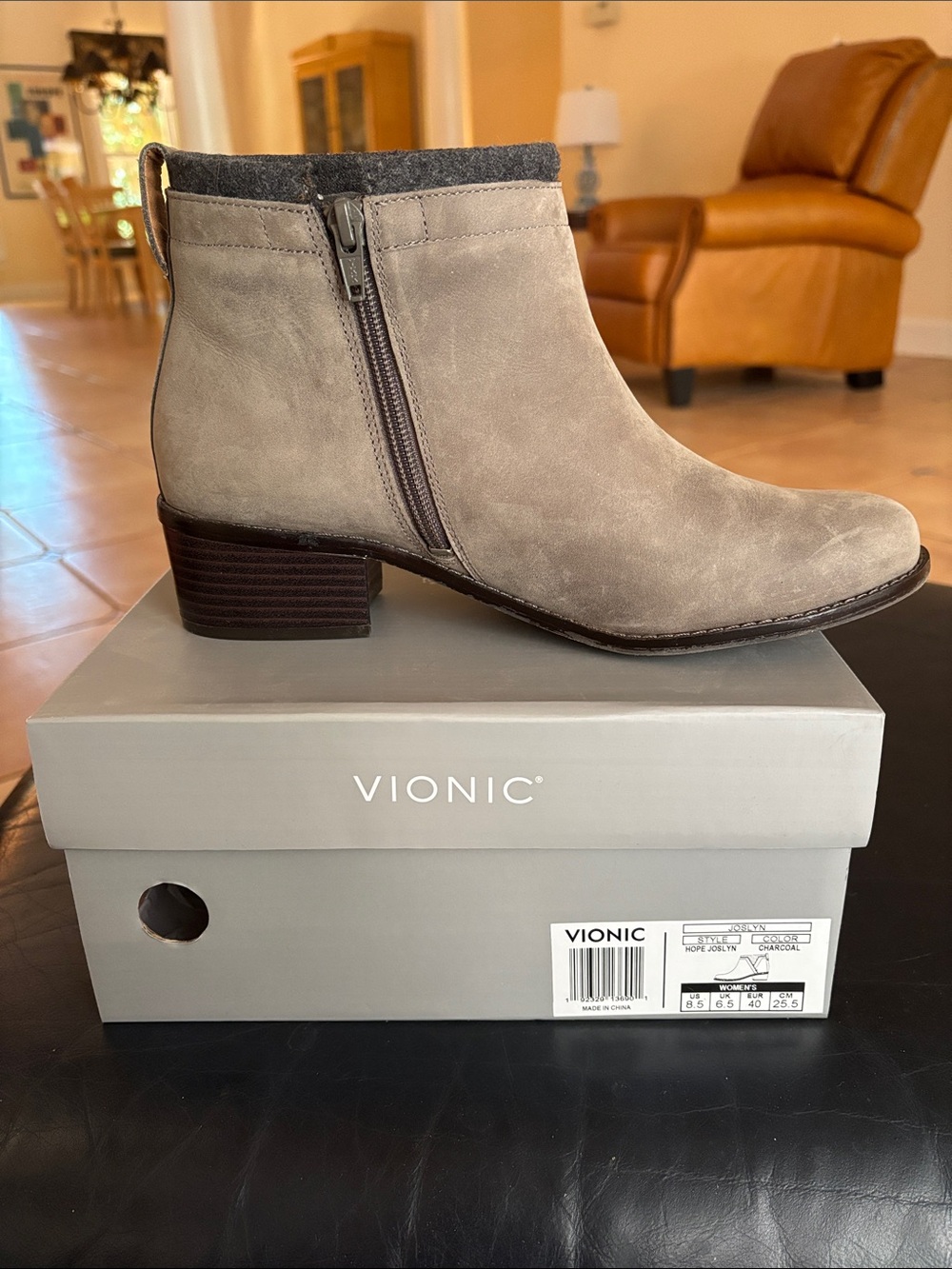 Vionic Taupe Suede Ankle Boot with Dark Trim